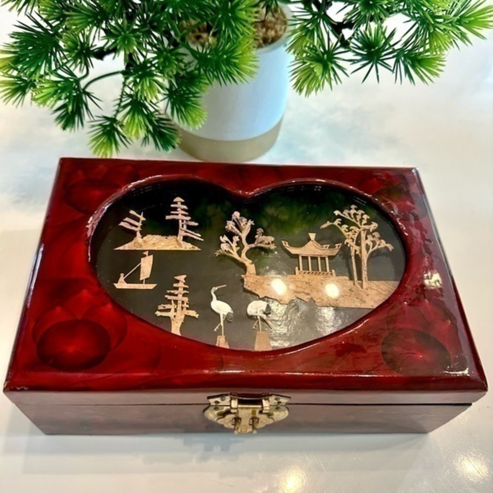 Chinese Cork Art Wooden Jewelry Trinket Box 3D Cranes jewelry box